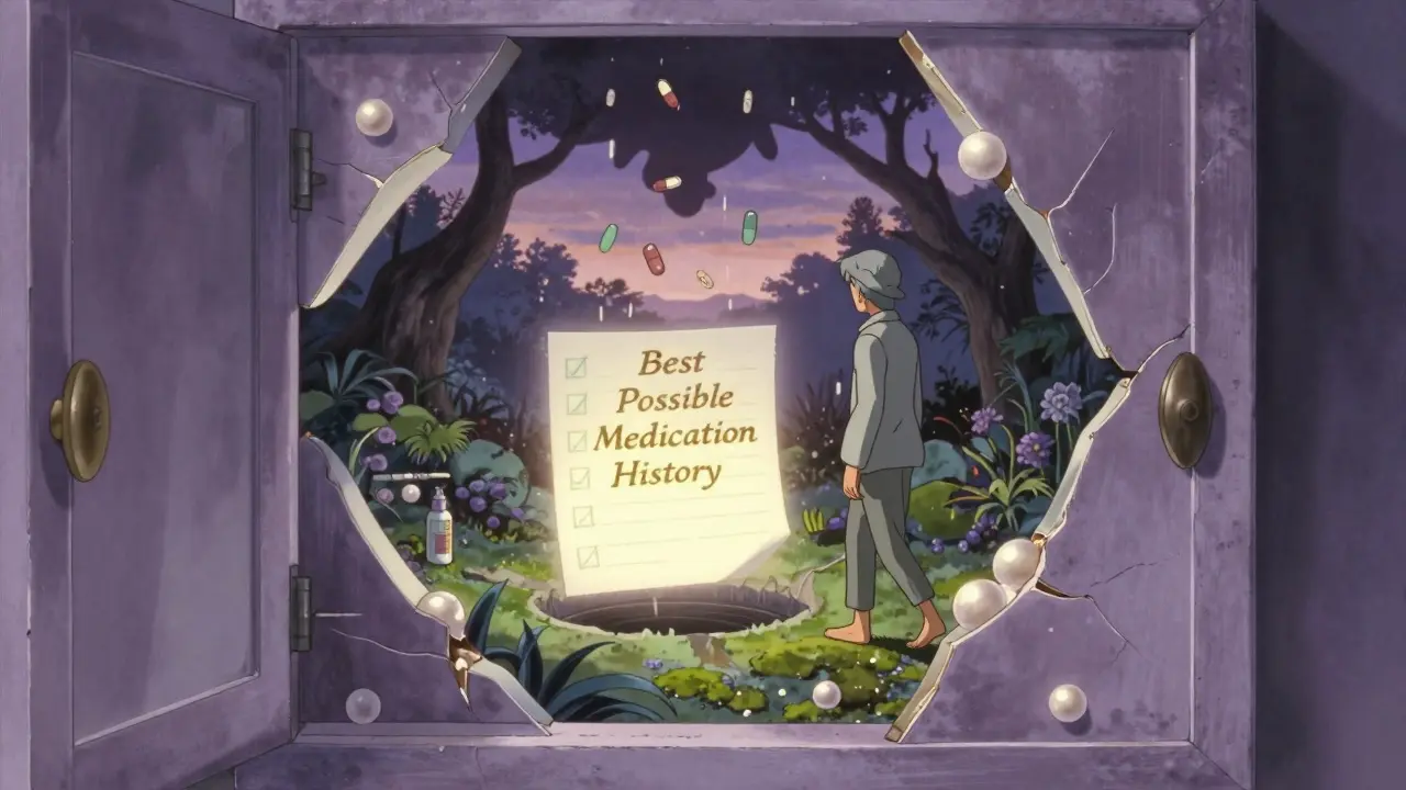 A serene garden emerges from an open medicine cabinet, with pills falling away, symbolizing relief from polypharmacy.