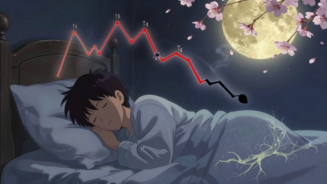 A sleeping person with floating thyroid hormone graphs above them, dissolving cherry blossoms, and a glowing herbal root beneath the sheets.