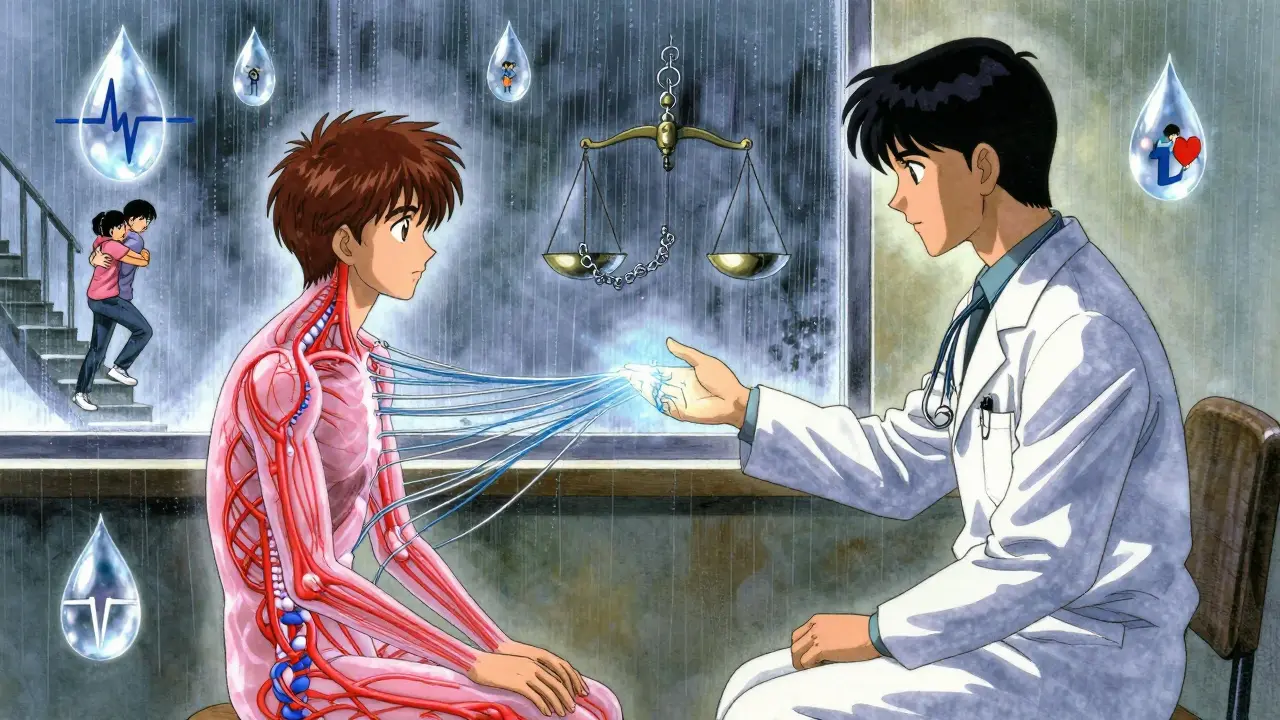 A therapist and patient in a room where neural tension is being rewired with glowing threads.