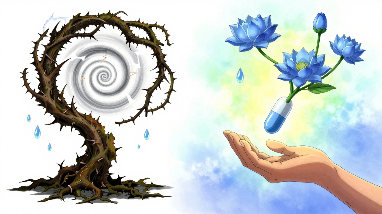 A transition from withdrawal thorns to blooming lotuses, symbolizing gradual SSRI tapering and healing.