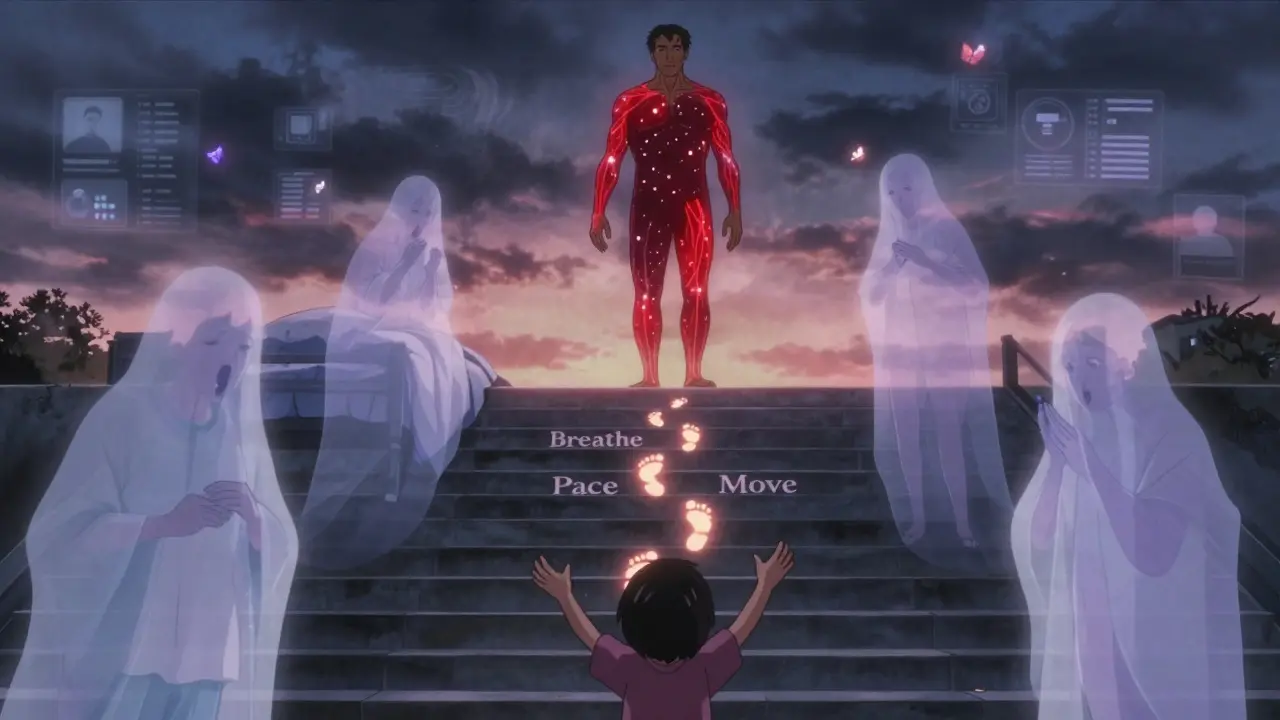 A veteran ascending stairs, surrounded by past selves, guided by glowing steps toward connection.