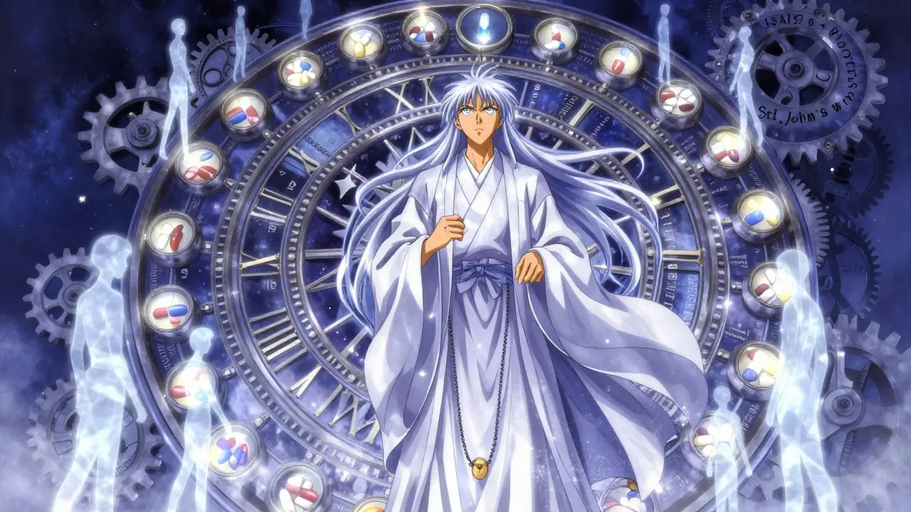 A wise pharmacist stands before a celestial clockwork calendar synchronized with medications.