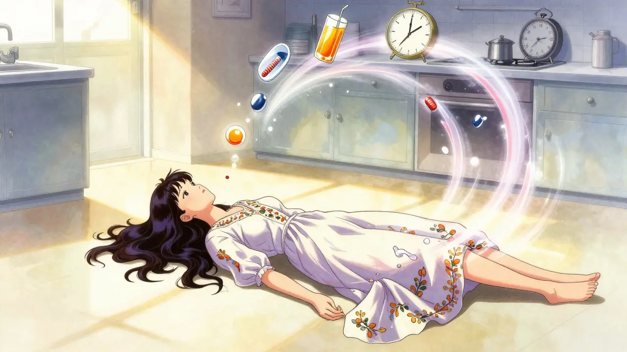 A woman collapsing in a kitchen, her shadow turning into insulin swirls, with juice and glucose tablets floating around her.