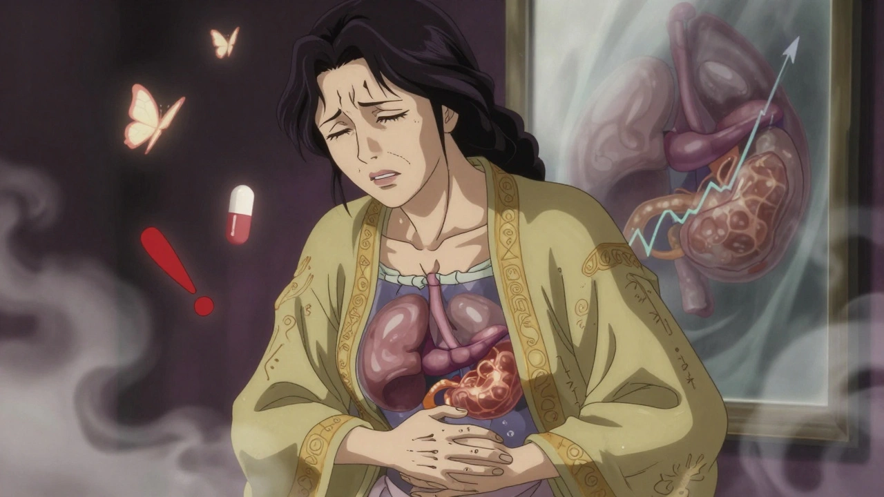 A woman in agony with a glowing necrotic pancreas beneath translucent skin, surrounded by floating medical warnings.