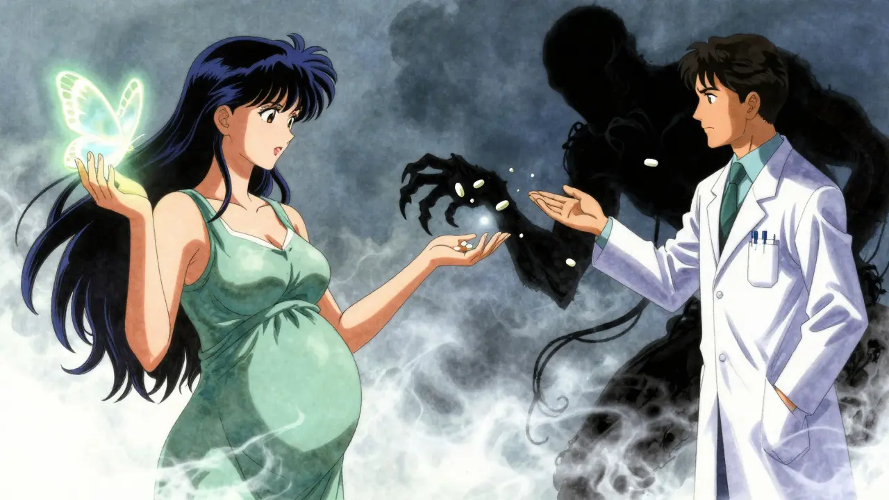 A woman taking folic acid while shadowy drug symbols reach toward her, with a pharmacist offering guidance in a dreamlike scene.