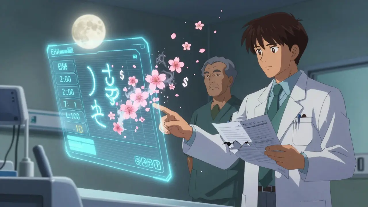 A young doctor touches a holographic cost display as cherry blossoms turn to dollar signs and fade into smoke.