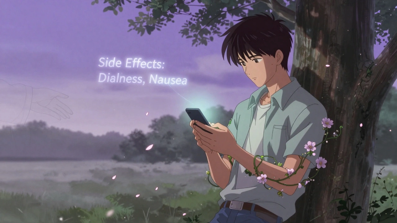 A young person holding a smartphone with glowing drug information, surrounded by falling petals and vines.