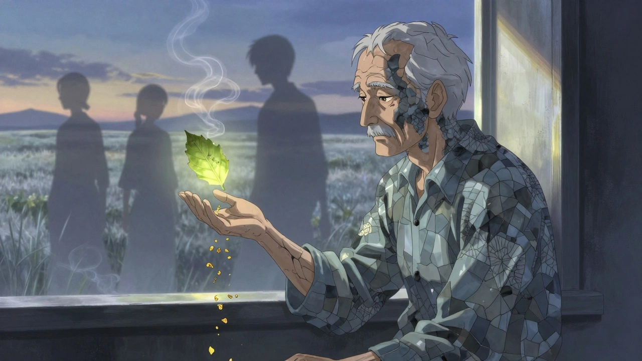 An elderly man’s skin shows blue-gray discoloration by a sunlit window, ghostly versions of himself walk behind him in dreamlike anime tones.