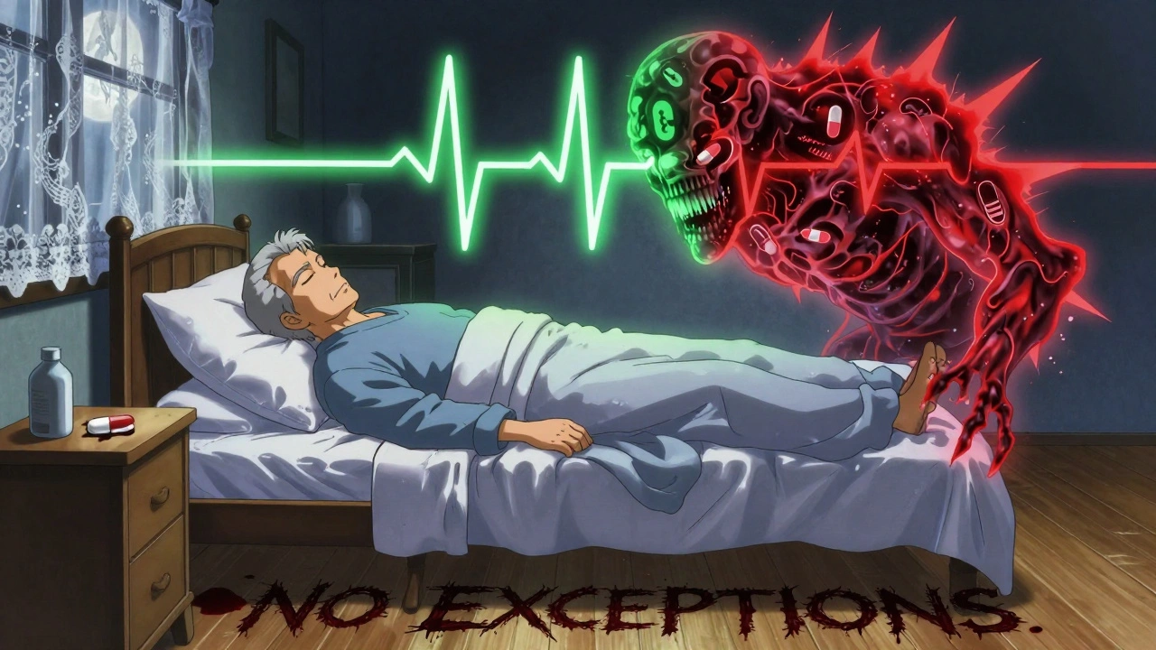 An elderly patient sleeps as a spectral double of health and toxicity looms above, with an expired pill bleeding dark ink.