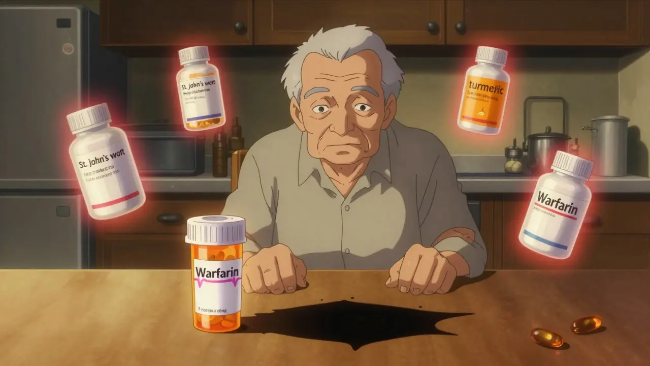 An elderly person at a table with floating supplements emitting red warning halos near warfarin.