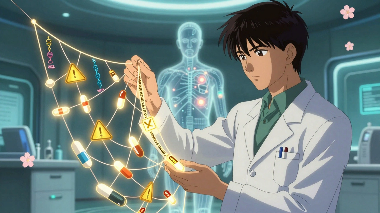 An oncology pharmacist weaving medication threads with genetic warnings in a glowing clinic environment.