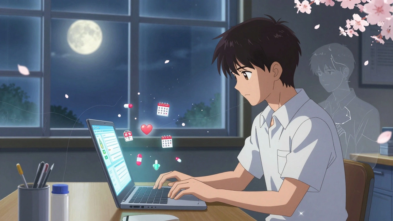 College student viewing medical records on laptop, floating health symbols and cherry blossoms around them.