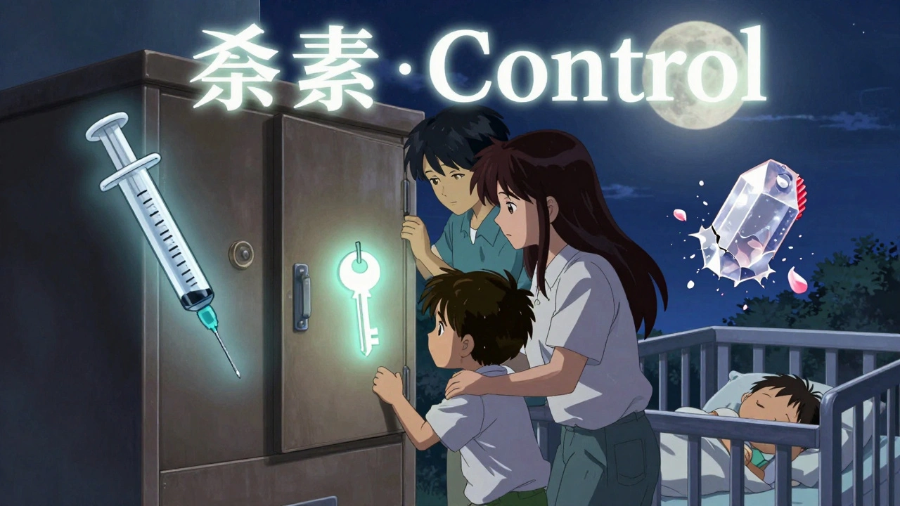 Family beside a locked cabinet with safety icons glowing in the air, symbolizing prevention and peace.