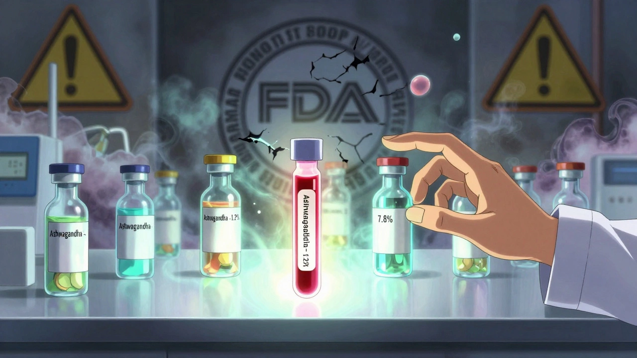 Floating ashwagandha vials of varying potency beside a crimson blood test strip, with a cracked FDA seal and a reaching hand in the background.