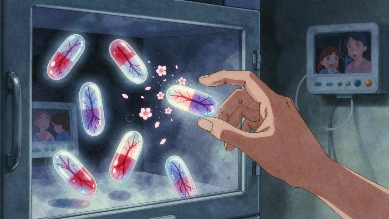 Floating NTI pills glow with danger hues inside an open medicine cabinet, dissolving into ash and spectral figures.