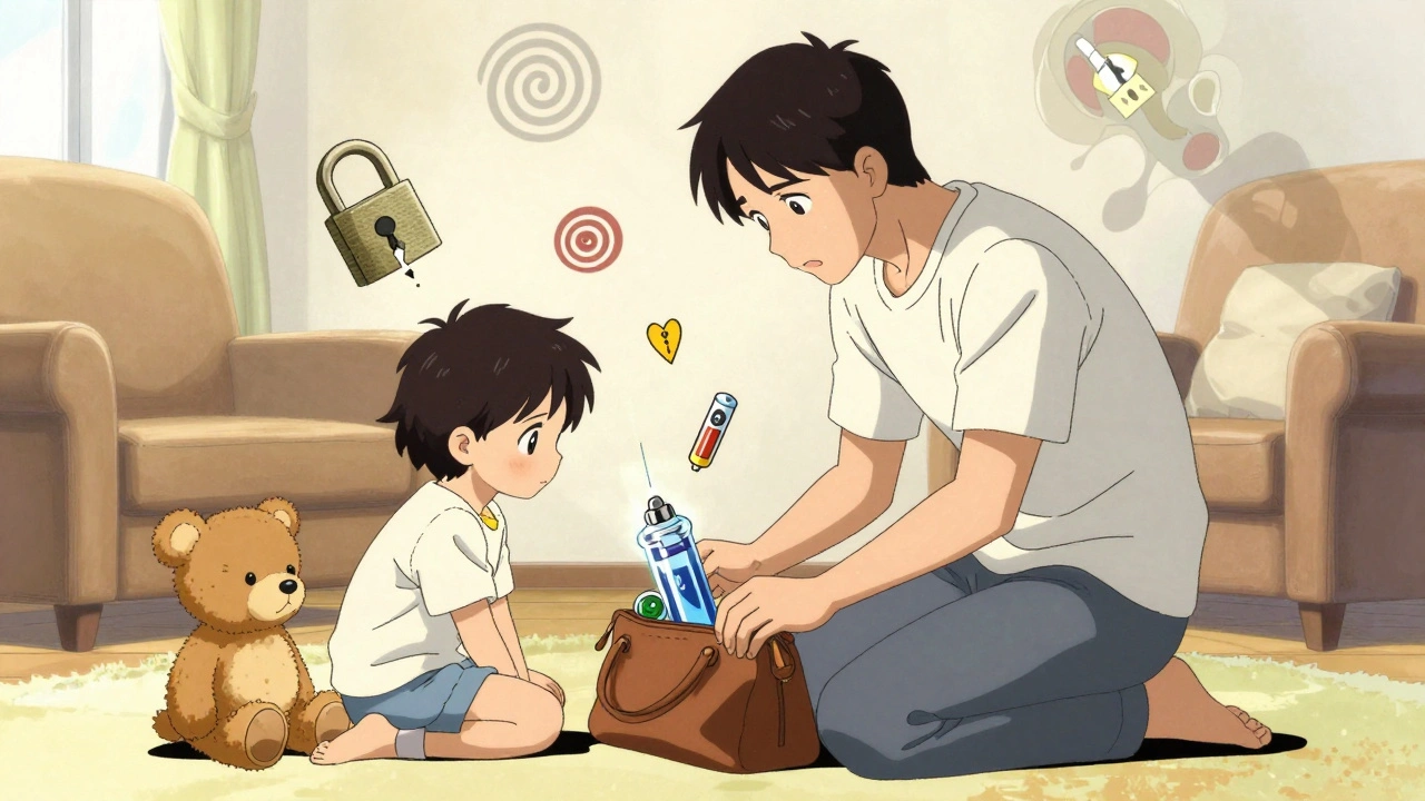 Parent checking a purse on the floor for dangerous items like button batteries and e-liquid refills.