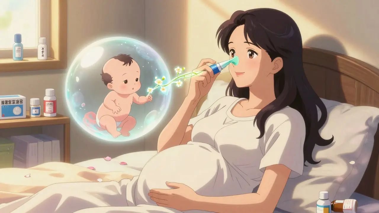 Pregnant woman using nasal spray as glowing vines connect to a floating infant in soft sunlight.