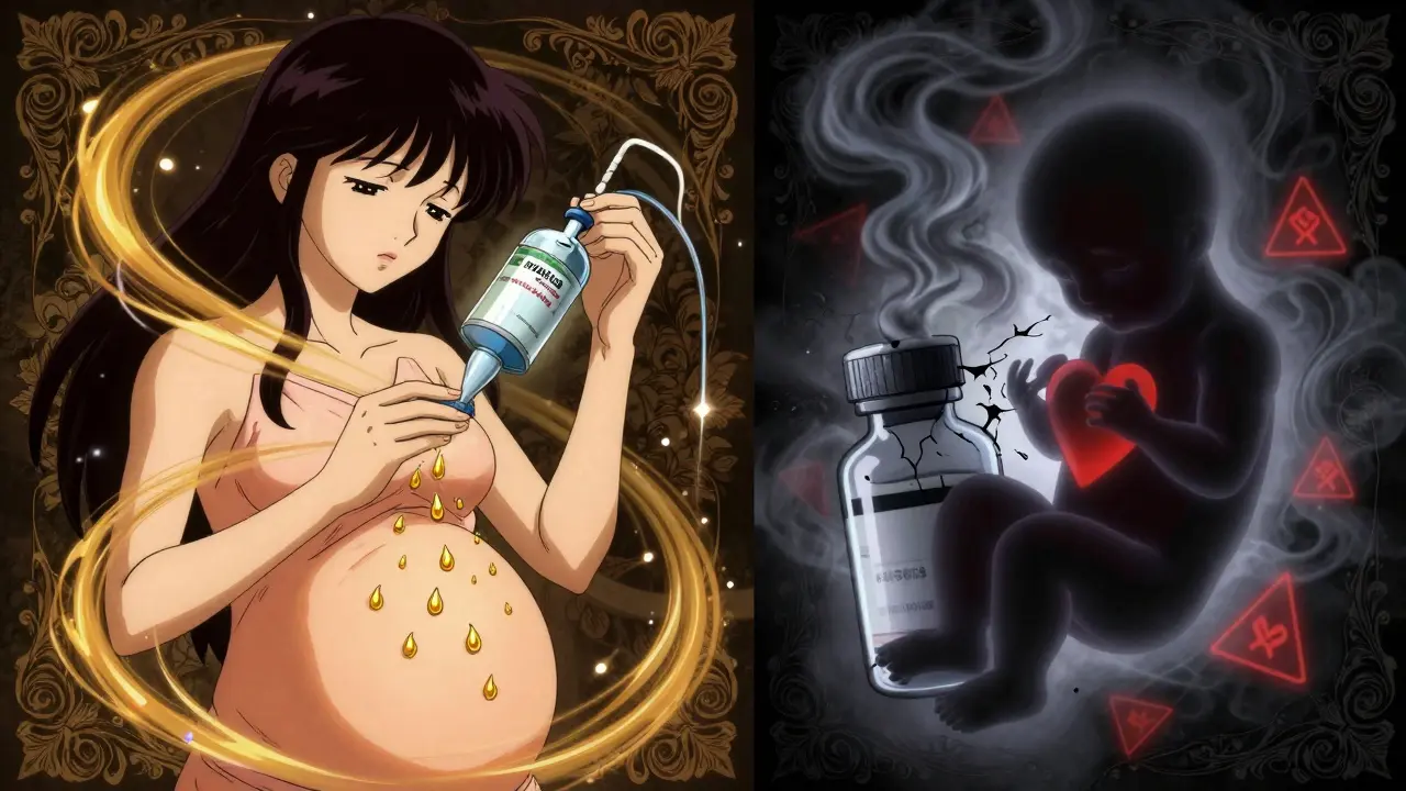 Split scene: saline spray in warm light vs. dangerous decongestant dissolving into dark smoke.