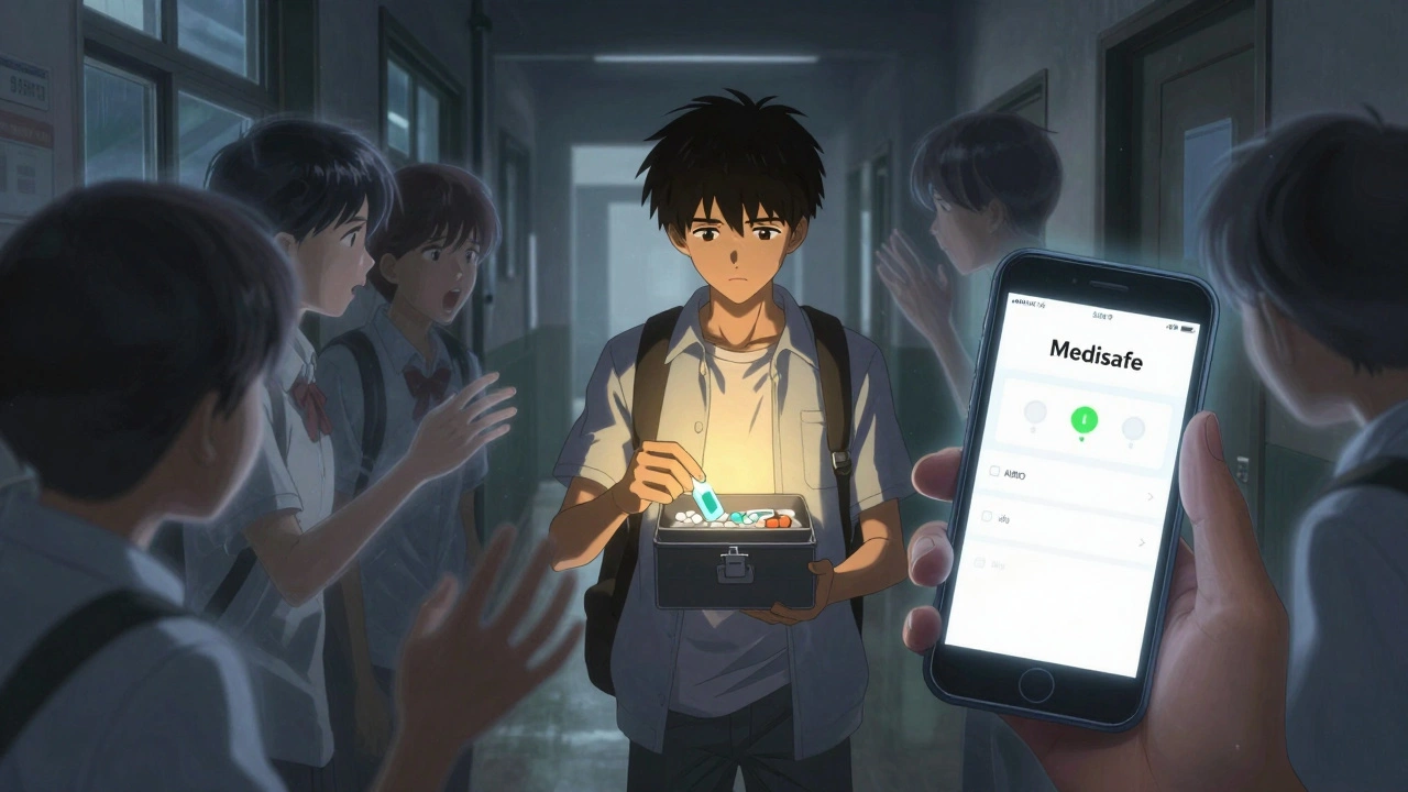 Teen in school hallway clutching a lockbox of medication, ghostly peers around them, phone glowing with reminders.