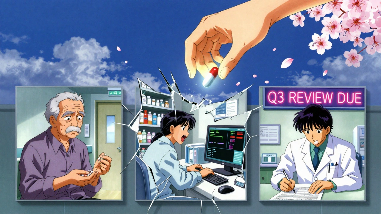 Three fractured hospital scenes reflect a confused patient, a stressed pharmacist, and a signing doctor under a glowing neon sign.