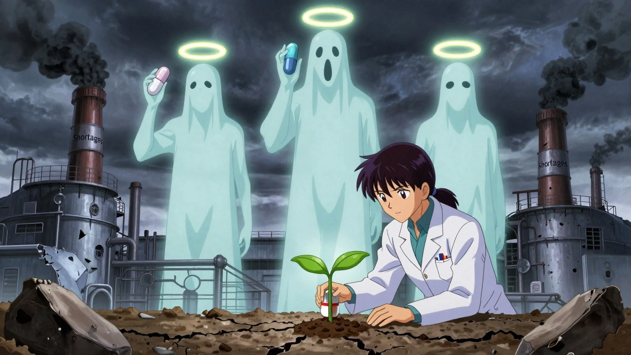 Three giant pills radiating billion-dollar halos above a crumbling factory, with a seedling of new competition growing below.