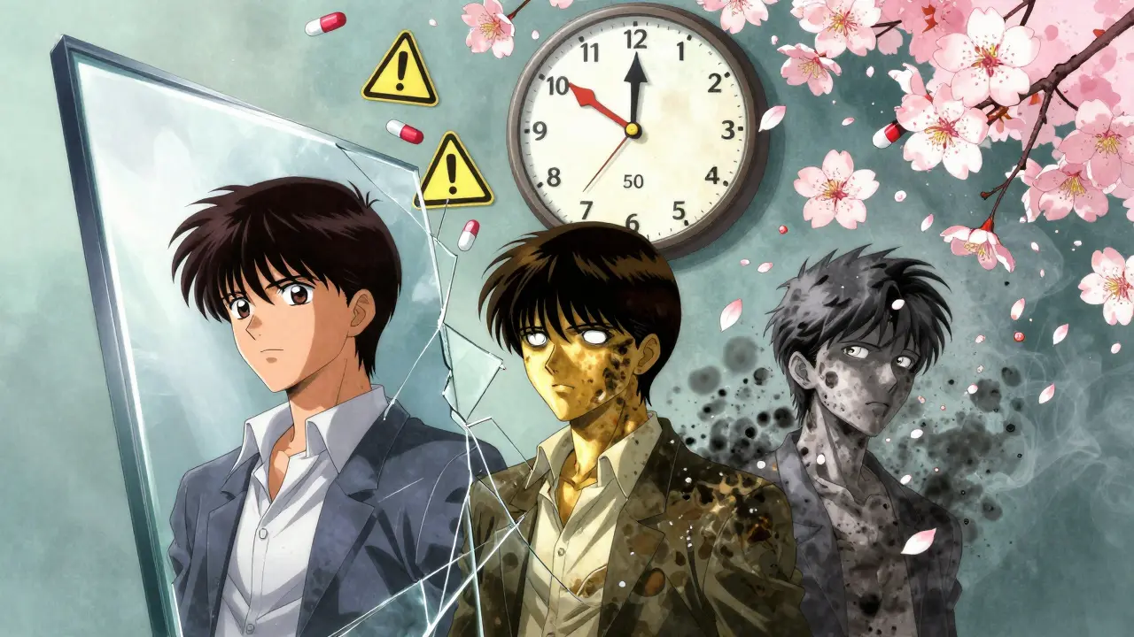 Three versions of a person reflected in a fractured mirror, with a liver-shaped clock ticking past day 50.