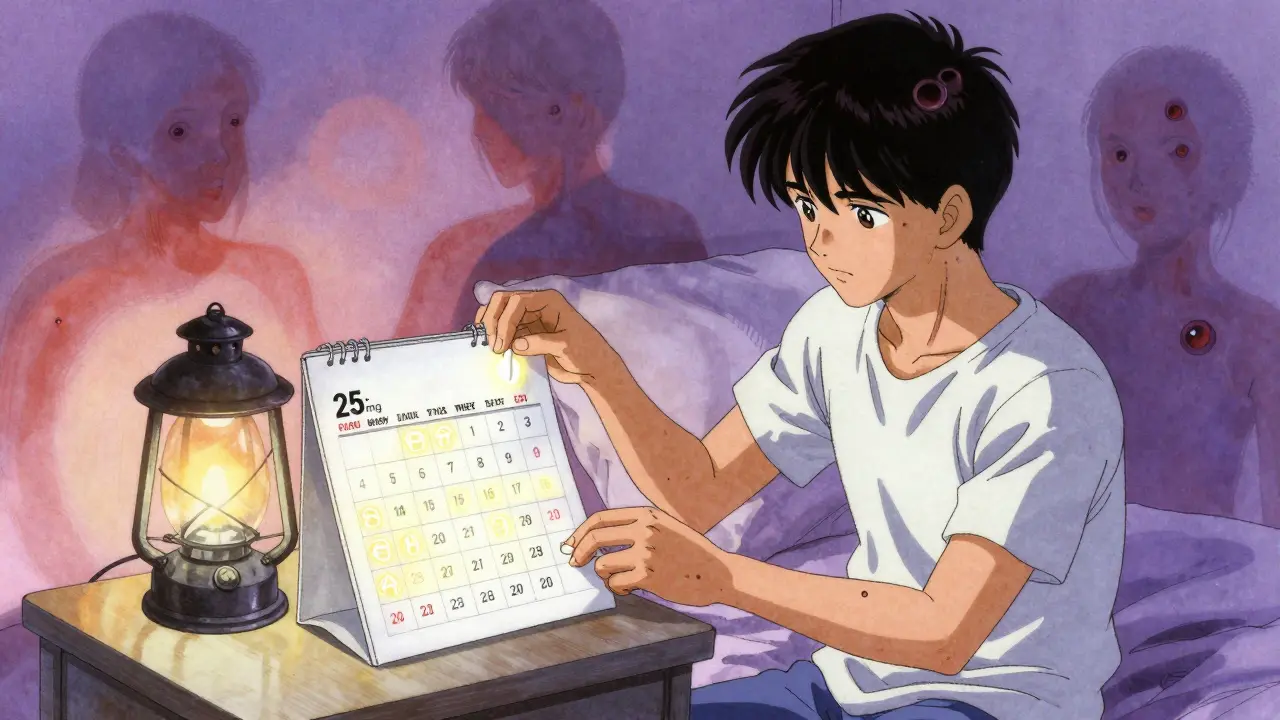 Young patient placing lamotrigine tablet on a calendar marked with two-week intervals in soft watercolor tones.