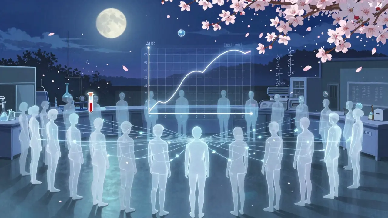 24 translucent human silhouettes connected to floating AUC and Cmax curves in a moonlit laboratory.