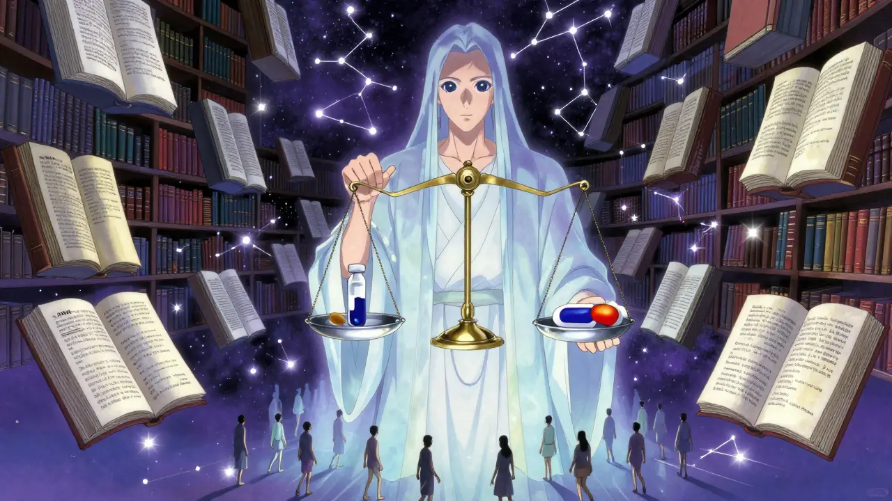 A cosmic library with floating books and a balanced scale, symbolizing safe drug combination.