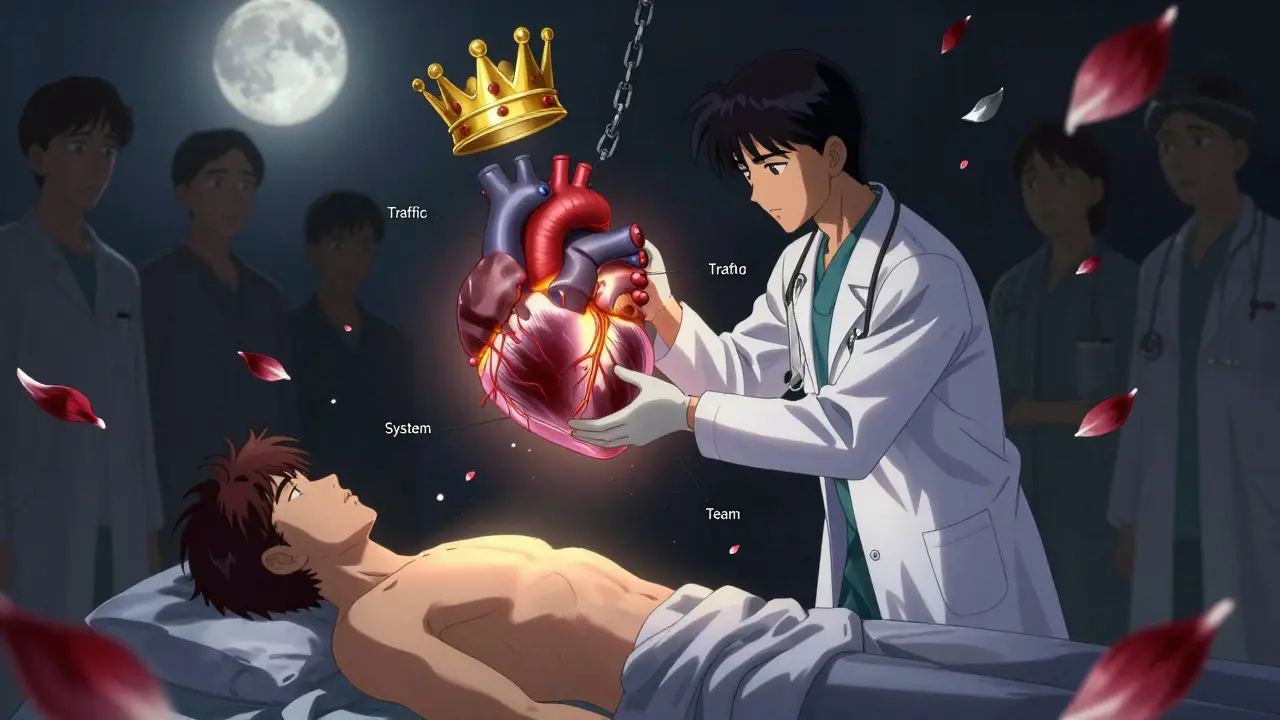 A doctor examines a heart split by shadowy hands of self-justification, surrounded by drifting silent faces.