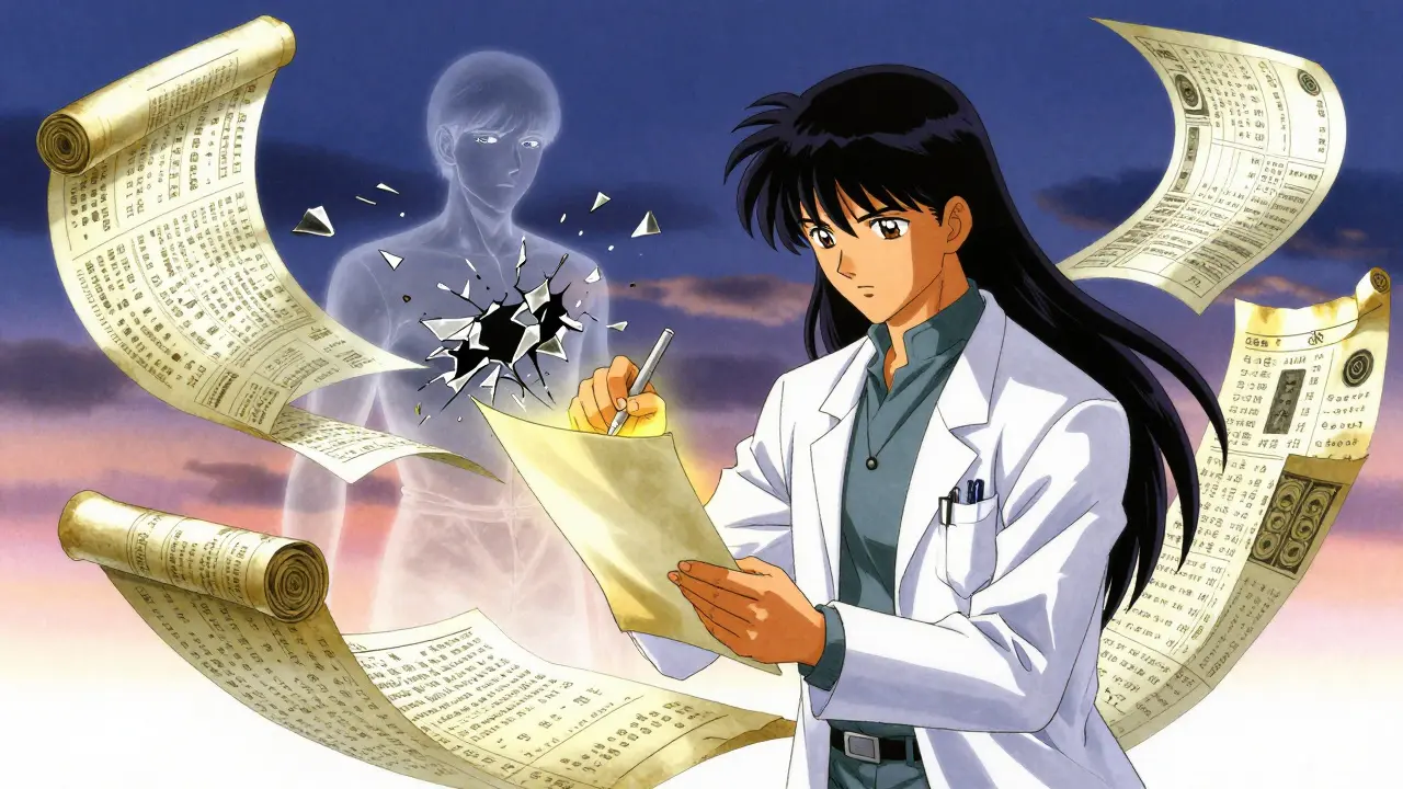 A doctor writes a medical letter as a patient's form fractures, symbolizing delayed treatment, with swirling records and gold highlights.