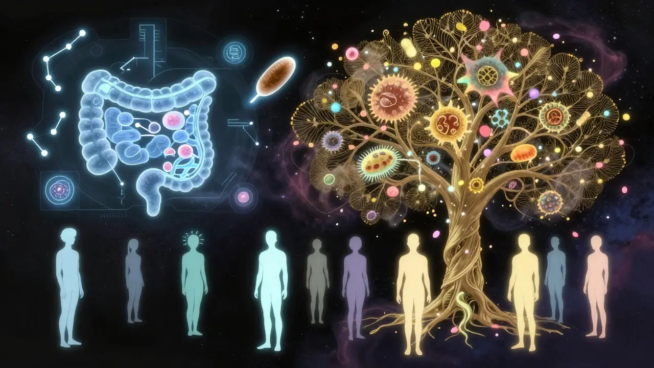 A holographic microbiome analysis above a stool sample, surrounded by cosmic bacteria and human auroras in celestial anime style.