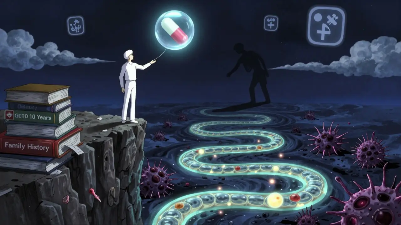 A man over 50 stands at a cliff of risk factors, gazing down at a mutating esophagus as a floating Cytosponge glows above him.