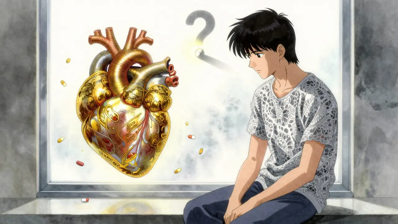 A patient beside a window with two spectral hearts pulsing in sync, one golden, one silver, surrounded by dissolving pills.