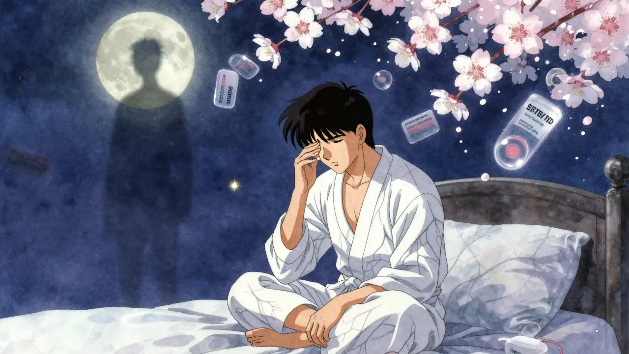 A patient holding a glowing triptan pill as serotonin receptors bloom like flowers above them.