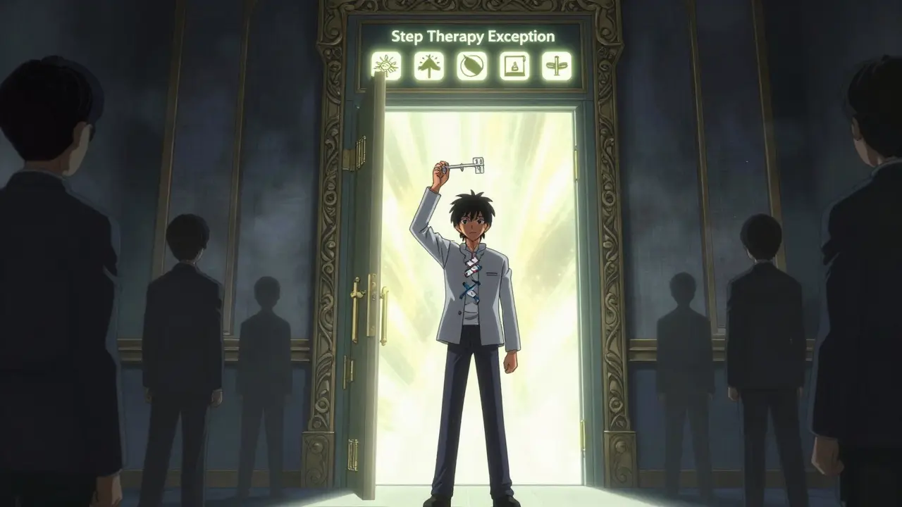 A patient holds a key made of prescriptions before a door labeled 'Exception,' with light spilling out as shadowy figures watch.