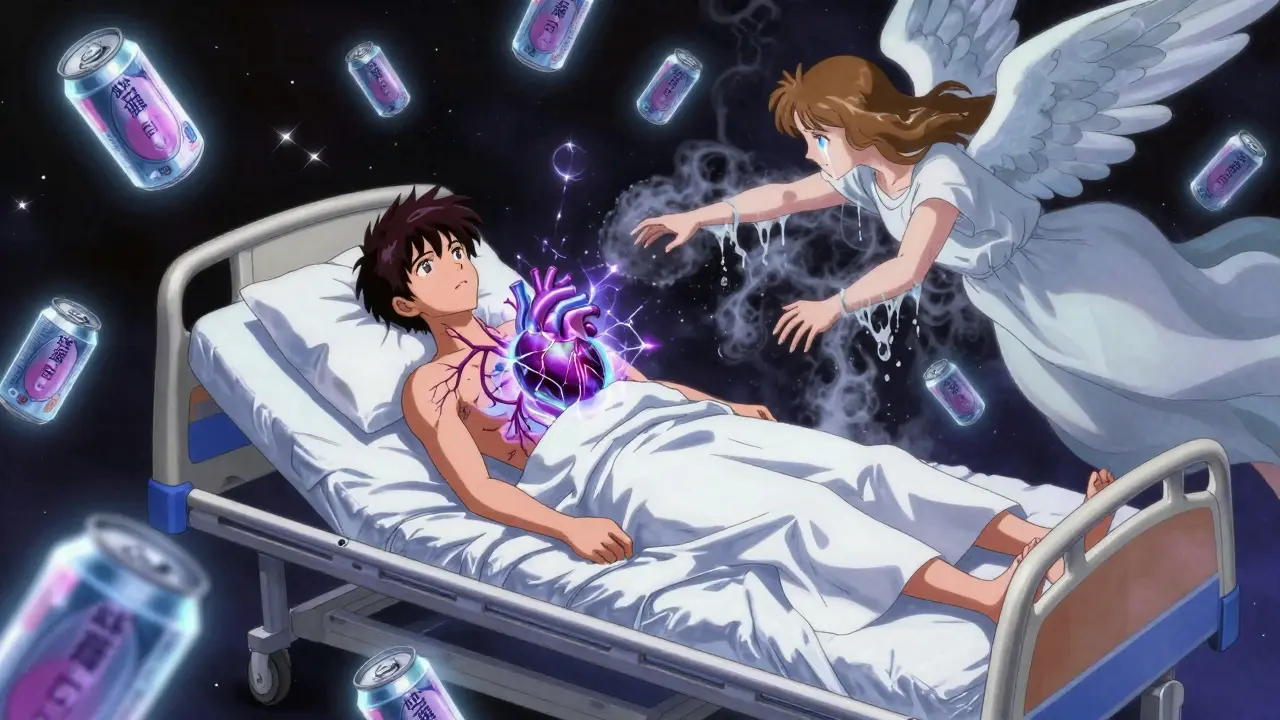 A patient in a floating hospital bed with energy cans and pills drifting around, their heart glowing with toxic light in a surreal void.