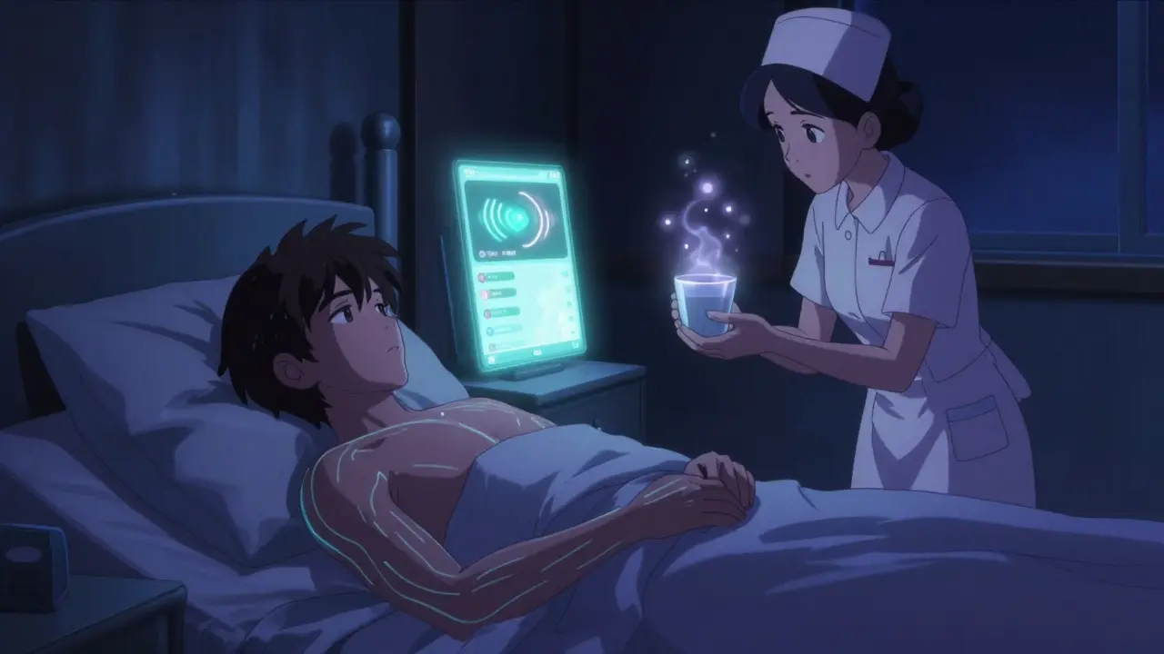 A patient resting at night with glowing bio-patterns and a calming digital app, symbolizing fatigue management.