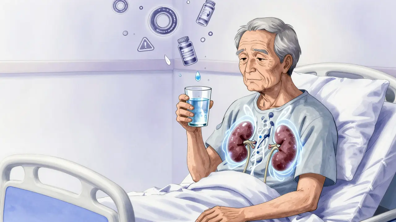 A patient shielded by glowing hydration droplets, protecting kidneys from medical threats in soft watercolor tones.