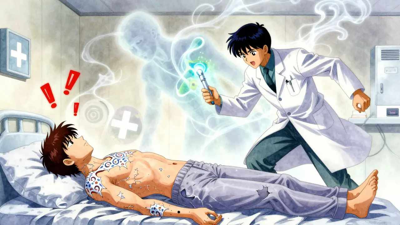 A patient with peeling skin in a hospital, surrounded by glowing medical symbols and an EpiPen emitting energy.