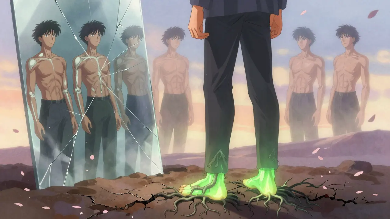 A person at dawn with inflamed feet and five spectral reflections showing different psoriatic arthritis patterns.