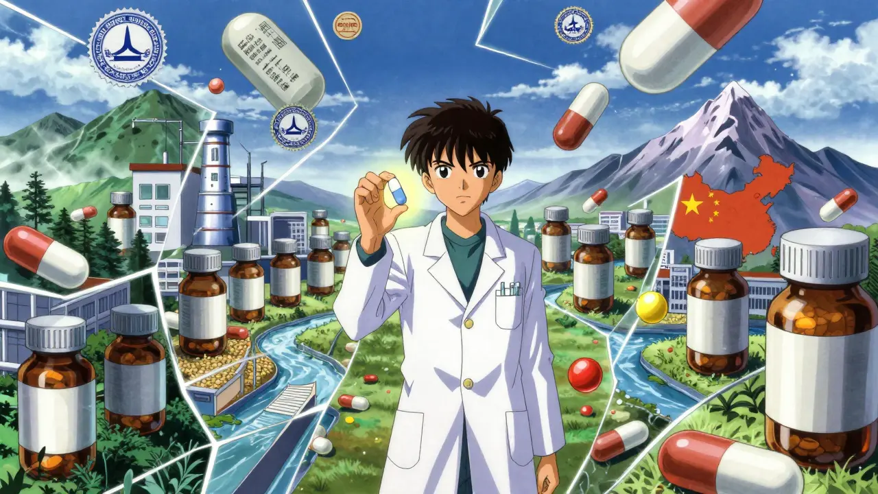 A pharmacist holds a glowing pill, facing a mirror reflecting global generic drug sources.