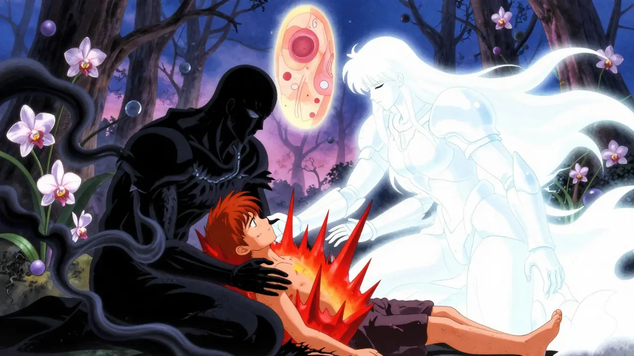 A radiant warrior shields a patient from inflammation spikes while shadowy cancer forms fade nearby, set among glowing biologic orchids.