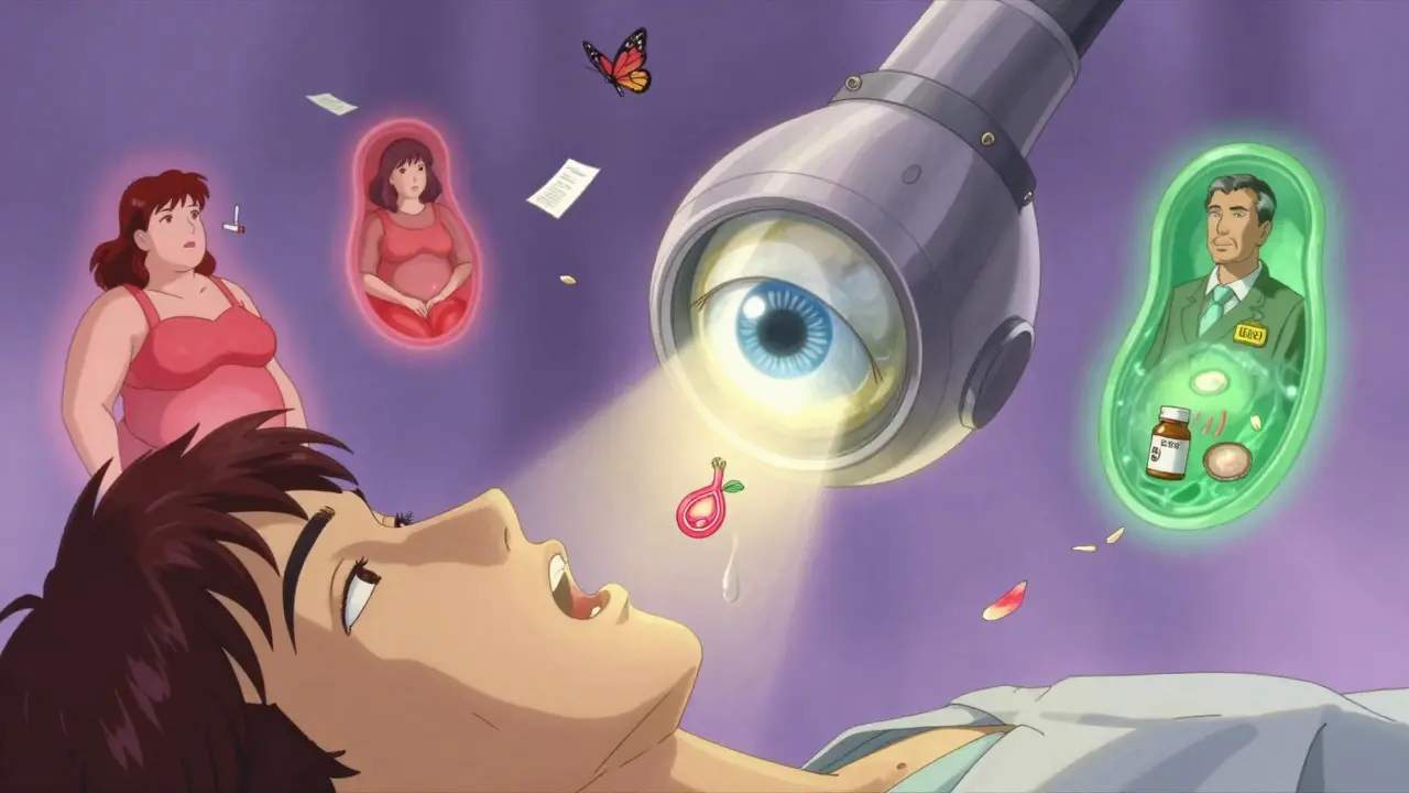 A sacred endoscopy camera projects holographic tissue changes, surrounded by figures of risk and prevention in soft lavender and gold light.