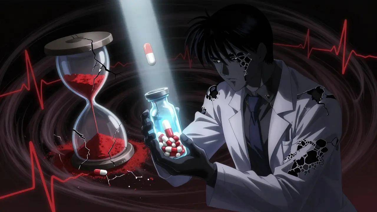 A shadowy figure holding tricyclic antidepressants as heart rhythms unravel in red sand, with a single sertraline tablet glowing above.