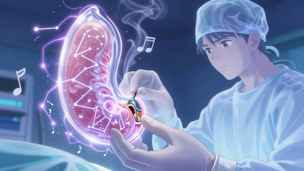 A surgeon places a delicate cochlear implant into a glowing cochlea, surrounded by celestial electrical pulses and fading speech fragments.