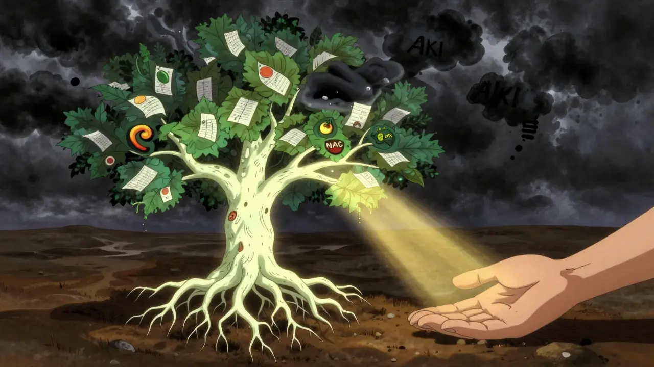 A symbolic tree with nephron roots and medical fruit, under threat from an ink storm, bathed in golden light.