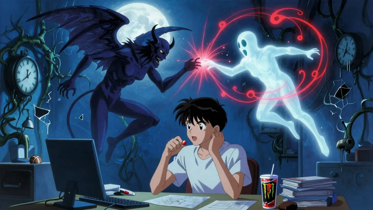 A teen at a desk with Adderall and energy drink, spectral stimulant figures clashing above in a dreamlike, Amano-inspired scene.