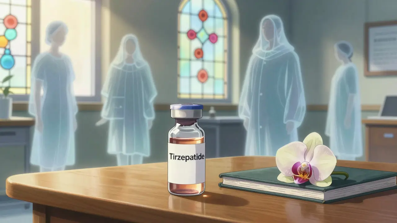 A vial of tirzepatide beside an orchid in a quiet clinic, with ethereal figures shedding weighty cloaks.