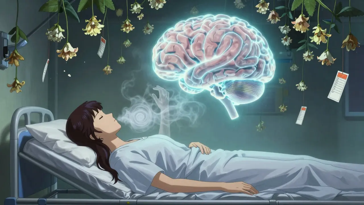 A woman sleeps on a hospital gurney beneath wilting valerian flowers, her brain’s neural light fading as spectral hands press down.